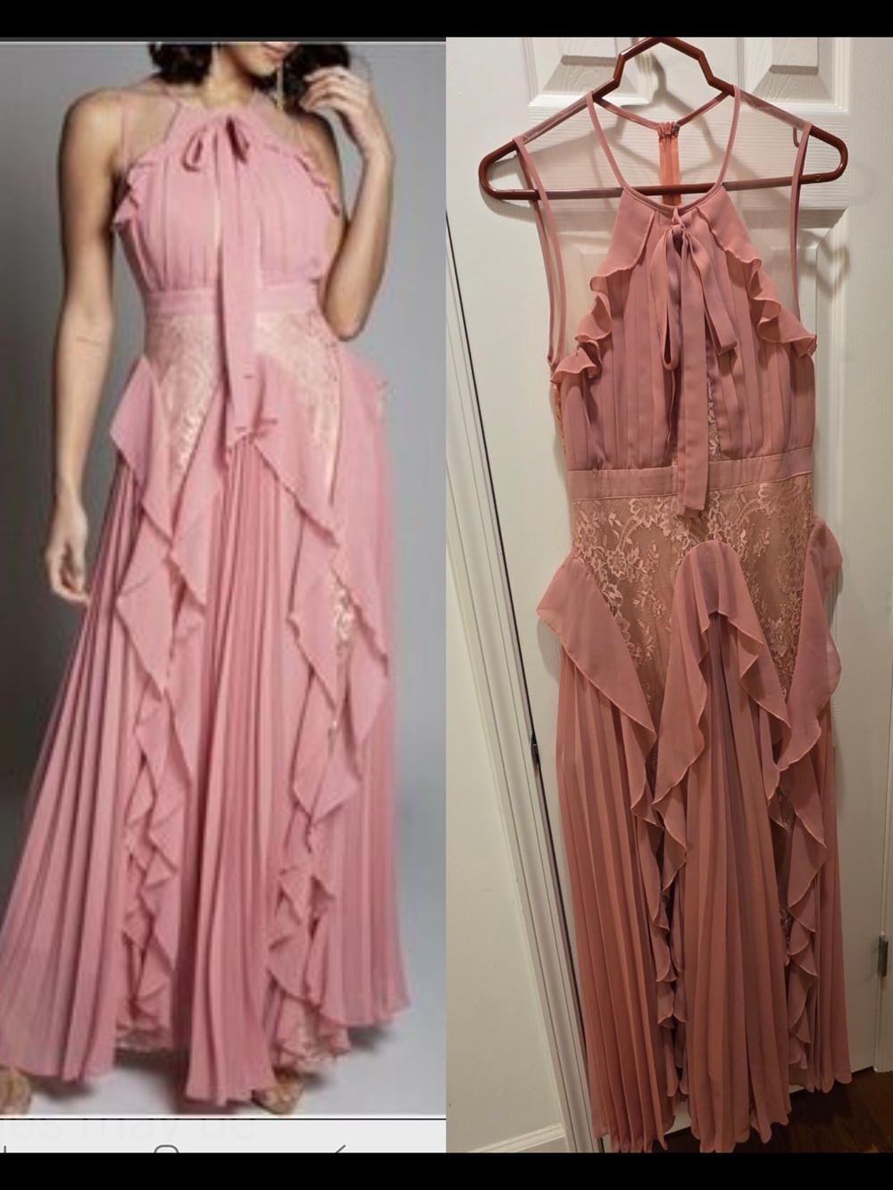L'ATISTE Dusty Rose Ruffled Halter Lace Maxi Dress